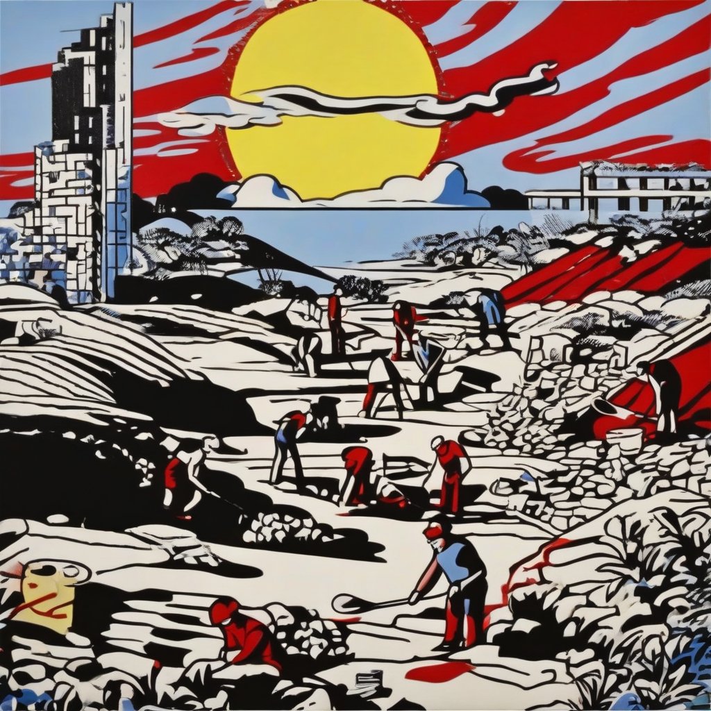 People digging in the ruins and under the hot sun to find out what has happened artwork by Andrew Duckworth
